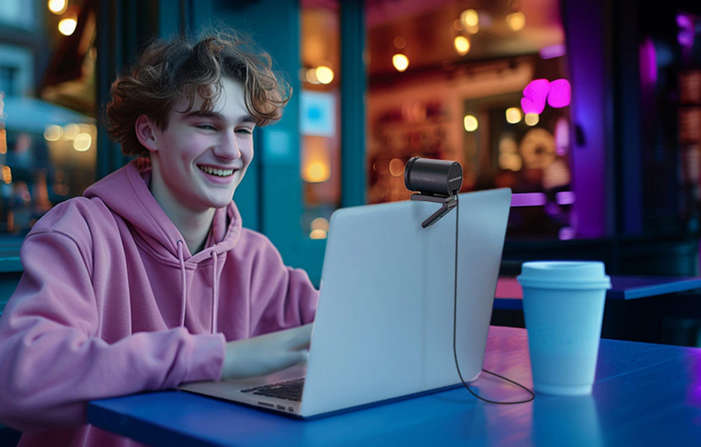 Un băiat zâmbitor, îmbrăcat într-un hanorac roz, vorbește la un laptop cu o cameră conectată într-o cafenea.