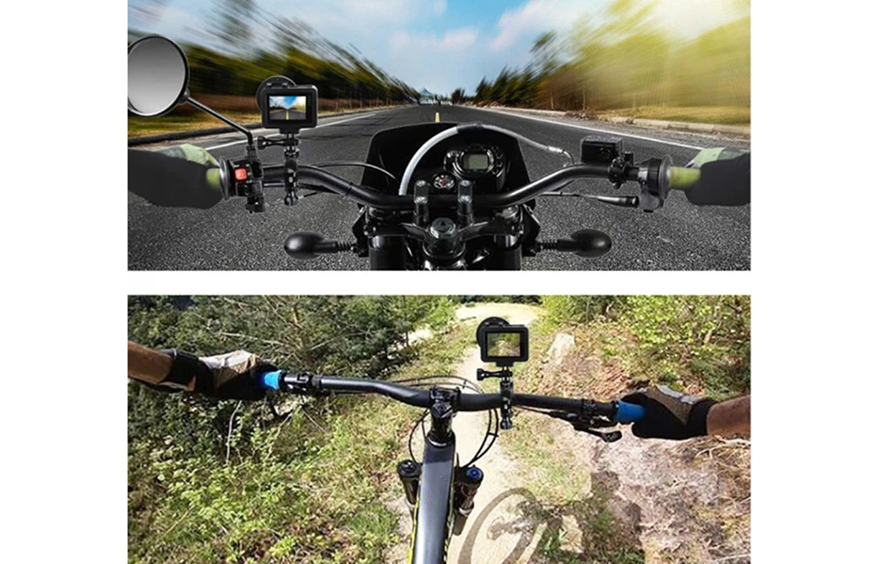 Cameră de acțiune montată pe ghidonul unei motociclete și al unei biciclete folosind un suport pentru bicicletă