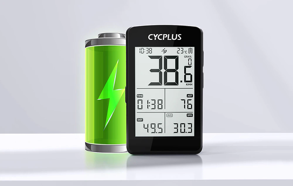 Computer Cycplus M3 lângă o baterie grafică cu simbolul unui fulger pe un fundal gri