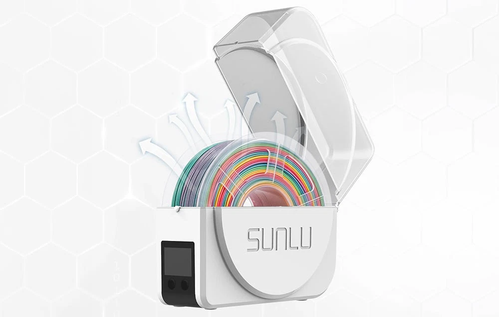 Uscător SUNLU în aer liber cu filament și săgeți care indică circulația aerului