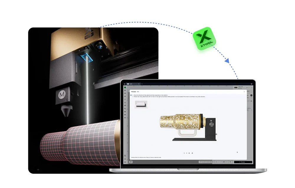 Un laptop pe care rulează software-ul xTool, afișând o previzualizare 3D a gravurii cu laser pe o cană conică.