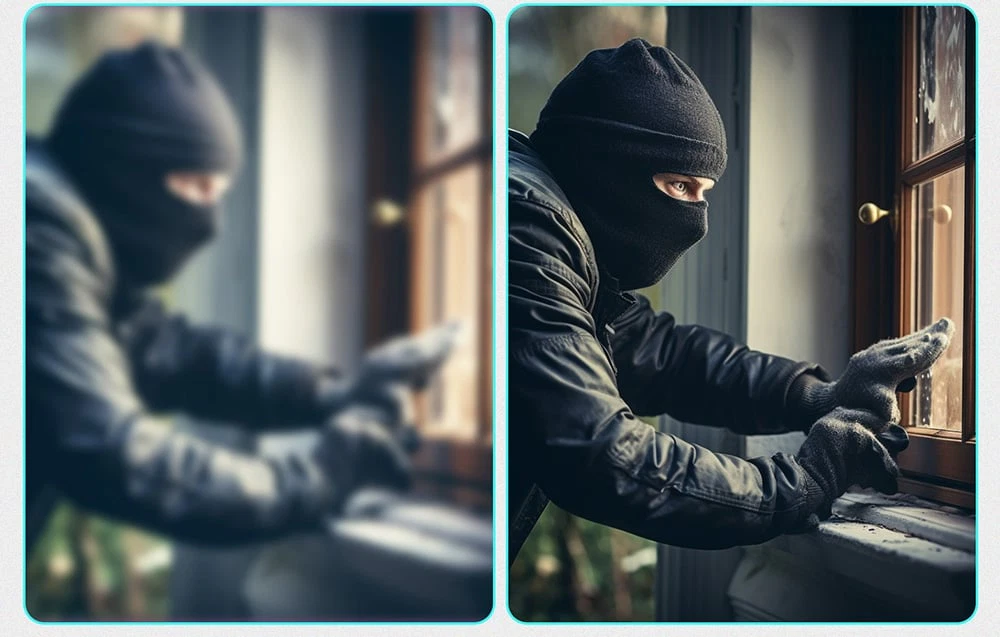 Comparație între două fotografii ale unui hoț cu cagulă lângă fereastră: imaginea din stânga este neclară, în timp ce cea din dreapta este clară și precisă