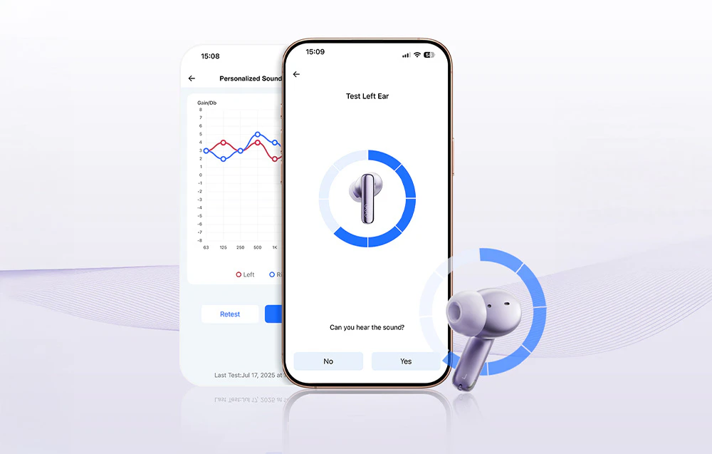 Două ecrane de smartphone afișează un test de sunet pe aplicația pentru căști fără fir, lângă un telefon violet