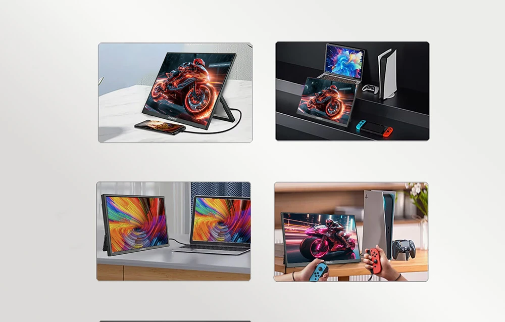 Patru fotografii care arată monitorul portabil conectat la un telefon, un laptop și o consolă de jocuri.