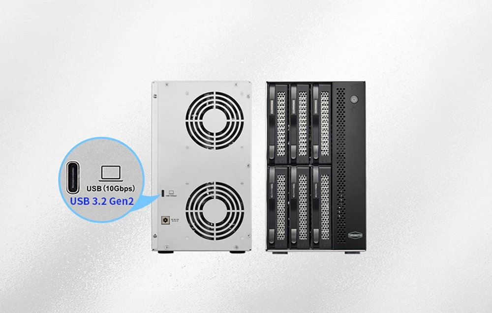 Carcasă de stocare cu șase compartimente, cu vederi din față și din spate și etichetarea porturilor USB 3.2 Gen 2