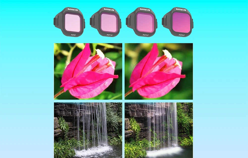 Filtre Sunnylife ND în diferite gradații și comparație a fotografiilor cu flori și cascadă cu și fără filtru