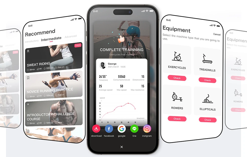 Un smartphone cu aplicația de antrenament Merach deschisă, pe fundalul altor ecrane cu interfețe de fitness