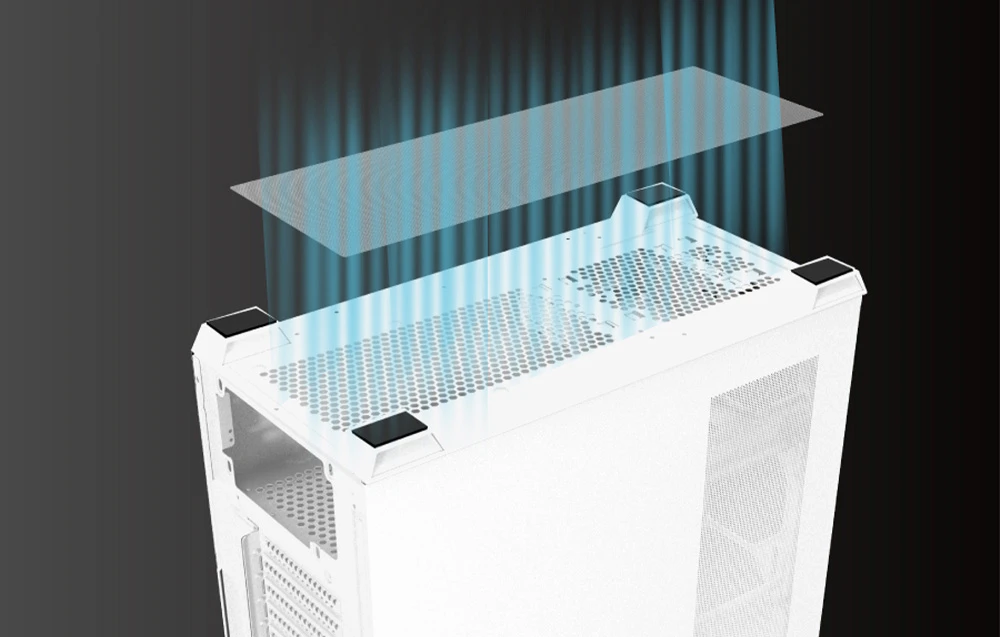 Partea inferioară a carcasei albe a computerului, realizată din plasă metalică.