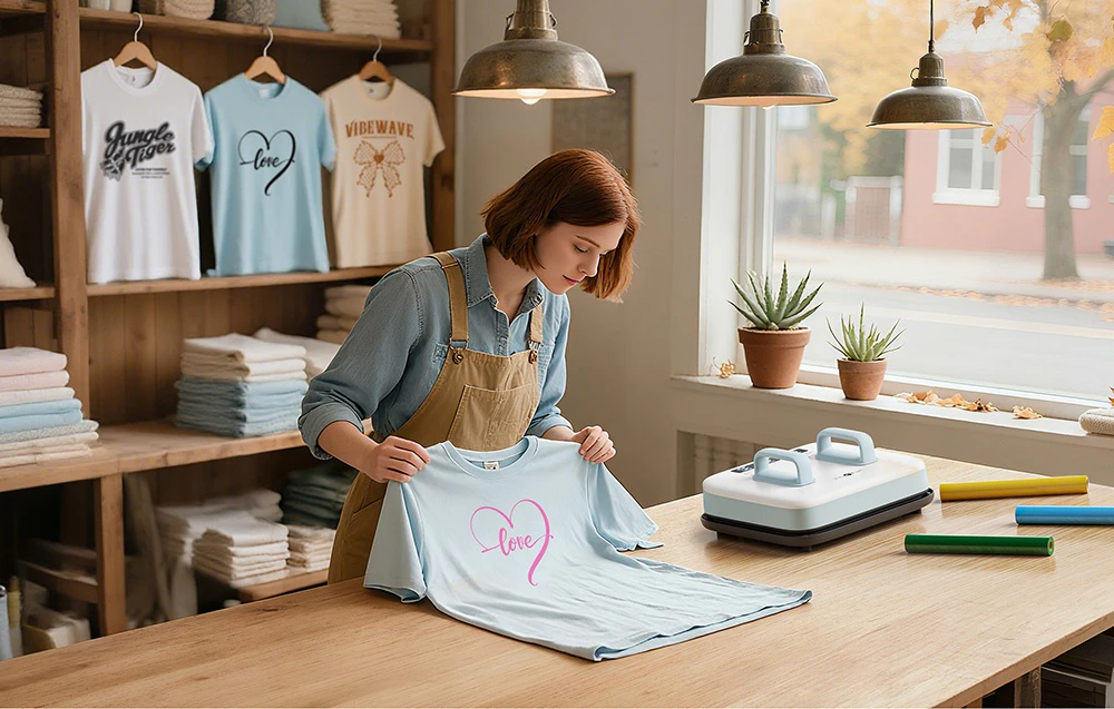 O presă termică cu mânere albastru deschis stă pe masă lângă un tricou albastru deschis cu un model în formă de inimă, pe care o femeie cu părul scurt îl pliază.
