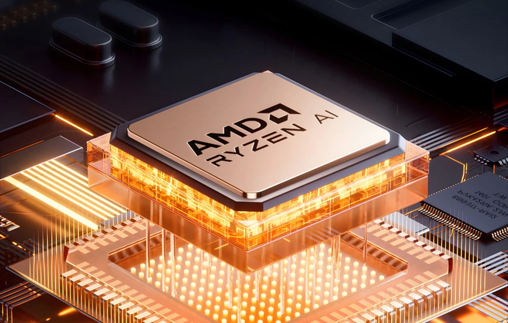 Prim plan al procesorului AMD Ryzen pe fundal portocaliu și negru.