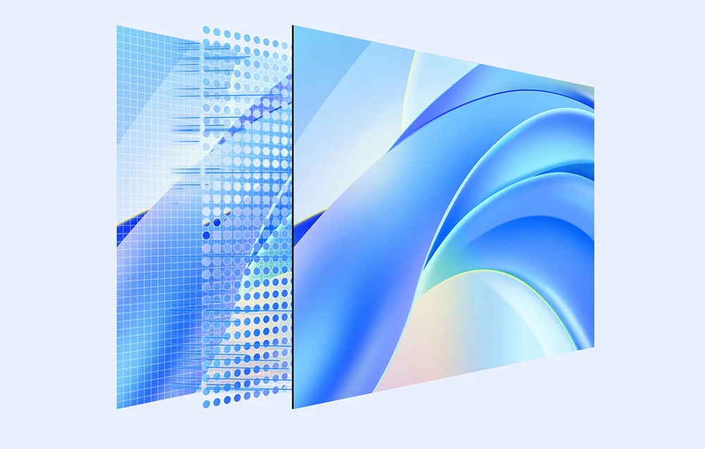 Ilustrație a straturilor de afișare ale monitorului cu grafică abstractă albastră
