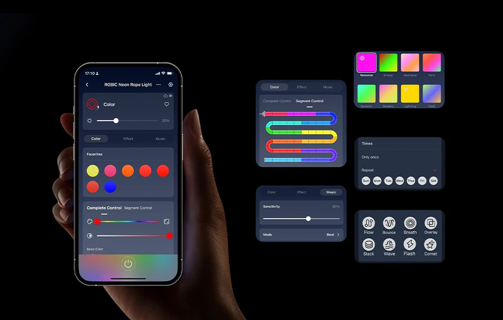 Ecranul unui smartphone pe care se afișează o aplicație pentru selectarea culorilor și a modurilor de iluminare.