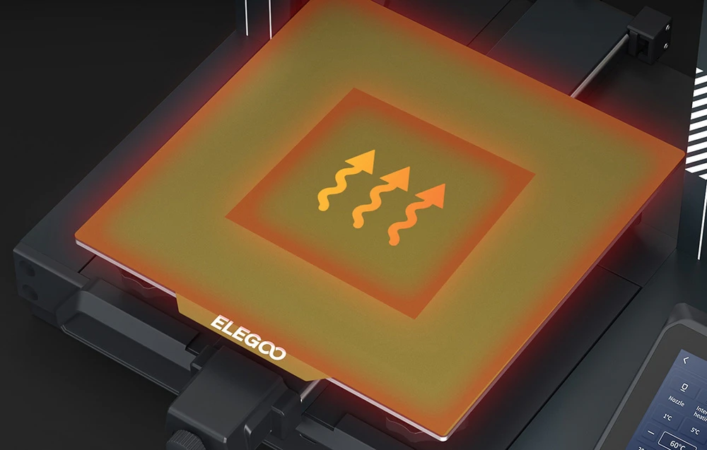 Masă încălzită a imprimantei 3D marca ELEGOO cu simbol grafic de căldură