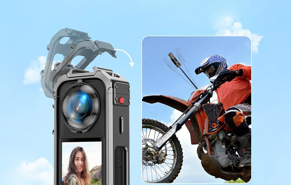 Cameră sport cu partea superioară a carcasei deschisă și o fotografie a unui motociclist realizată în timpul mersului