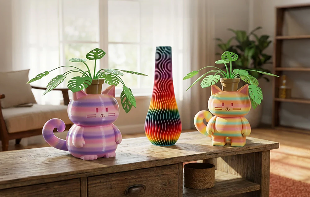 Figurine colorate de pisici cu plante și o vază înaltă, cu dungi, așezată pe un dulap din lemn.