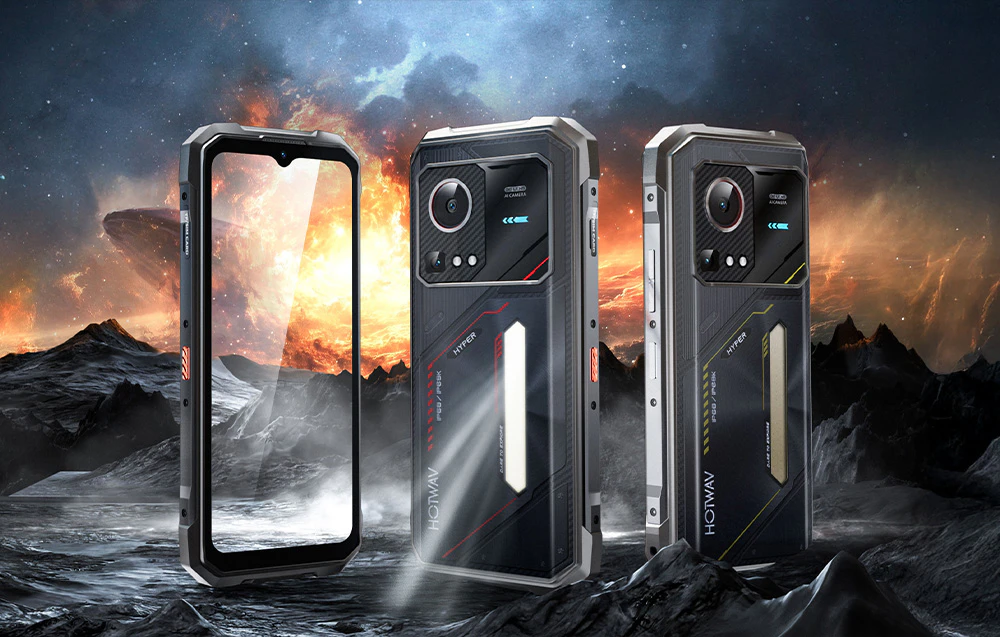 Trei smartphone-uri HOTWAV prezentate pe fundalul unui peisaj cosmic, cu o planetă care explodează în fundal.