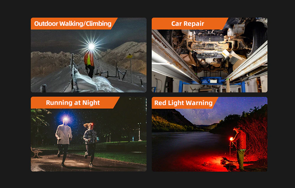Patru fotografii care prezintă utilizarea farului: alpinism, reparații auto, funcționare pe timp de noapte și modul cu lumină roșie de avertizare