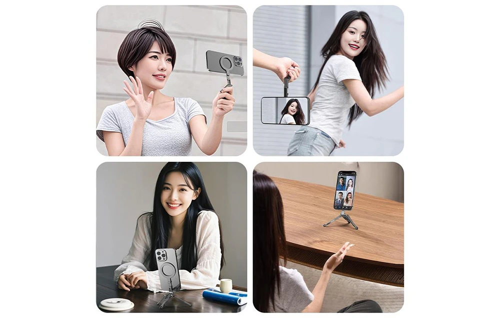Patru fotografii cu femei care folosesc telefoane pe suporturi pentru selfie și apeluri video