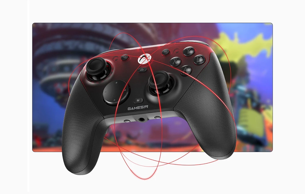 Controler GameSir negru și roșu pe un fundal de joc cu linii roșii simbolizând precizia controlului.