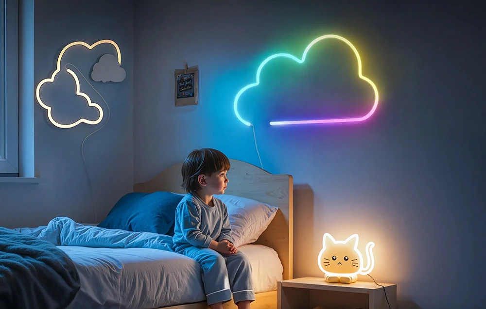 O femeie dansând în sufragerie, cu chitare pe perete, iluminată de o bandă de lumină caldă și ondulantă.