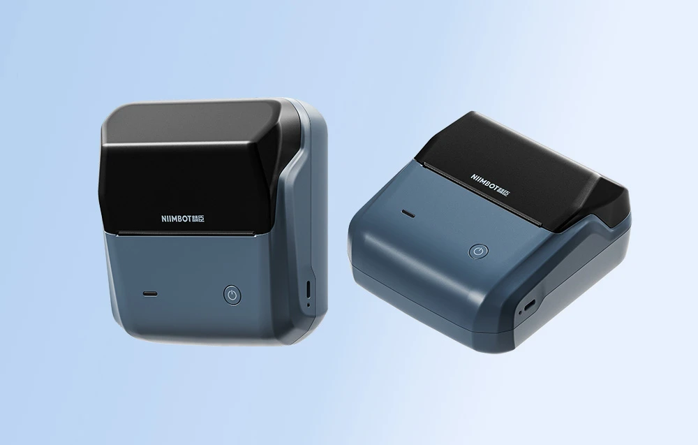 Two NIIMBOT portable label printers in blue and black, shown from the front and side against a blue background