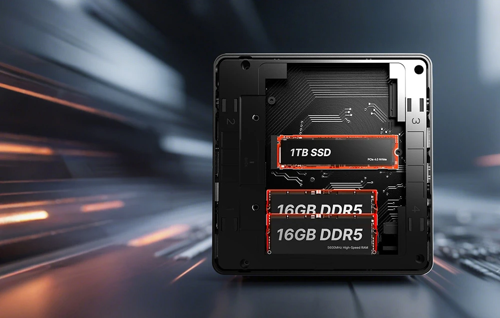Interiorul computerului arată un SSD de 1 TB și două module de memorie DDR5 de 16 GB