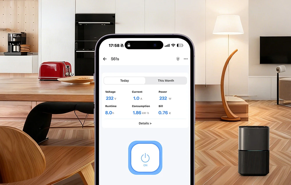 Un smartphone care afișează date privind consumul de energie, cu o bucătărie modernă în fundal