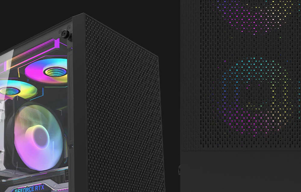 Carcasa computerului Darkflash M305 de culoare neagră, alături de care se află un prim plan al ventilatoarelor.