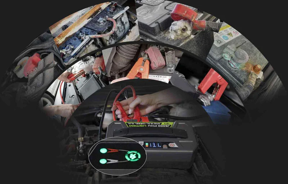 O serie de fotografii care arată dispozitivul conectat la diverse baterii de vehicule, inclusiv la cele foarte murdare.