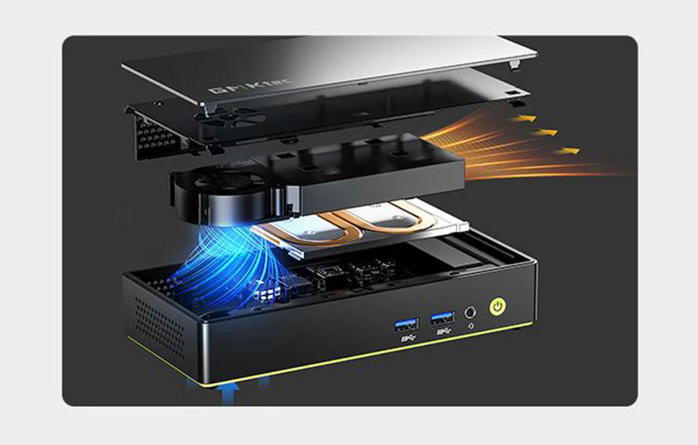 O vedere explodată a mini PC-ului GMKtec K13 care arată sistemul de răcire cu un ventilator și fluxul de aer.