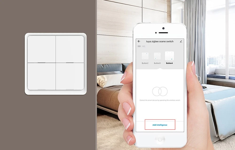 Un buton alb lângă o mână care ține un smartphone cu aplicația Tuya Zigbee Scene Switch și butonul „Add Intelligence”