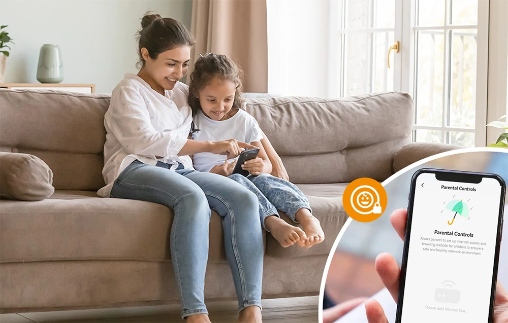 O femeie și o fetiță pe o canapea, uitându-se la telefoanele lor; lângă ele, un prim-plan al ecranului unui smartphone care afișează „Control parental”