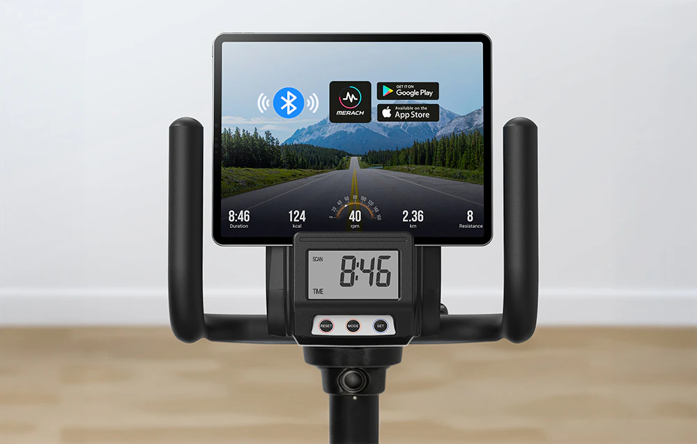 Afișaj bicicleta Merach cu tabletă și pictogramă Bluetooth