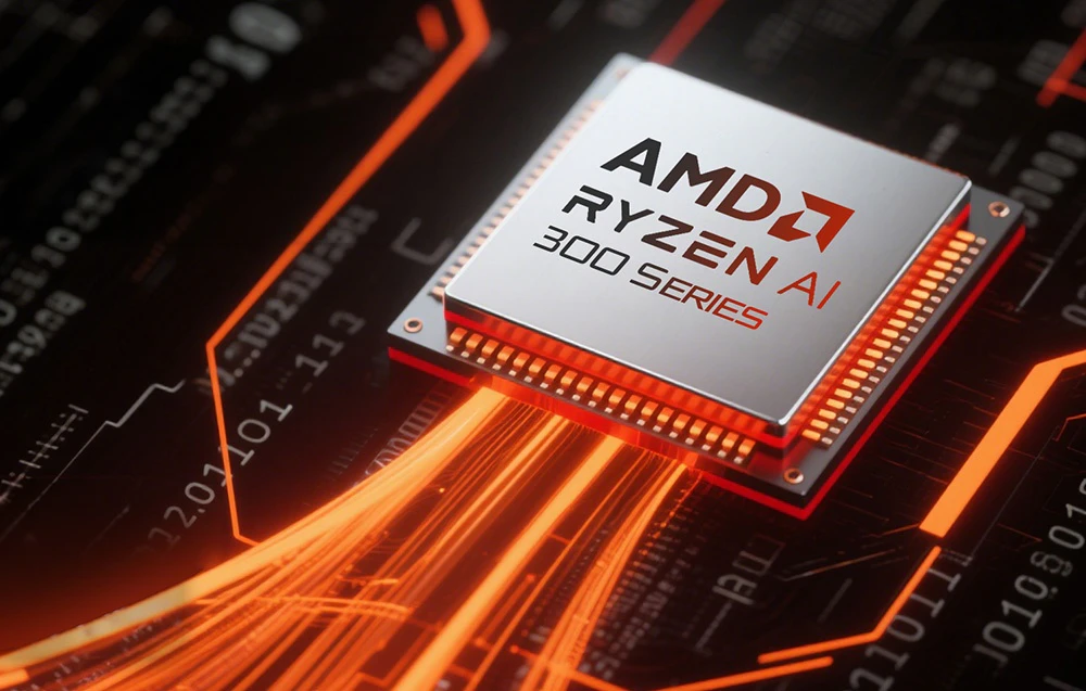 Un procesor AMD RYZEN SERIA AI 300 montat pe o placă de bază cu trasee iluminate în portocaliu