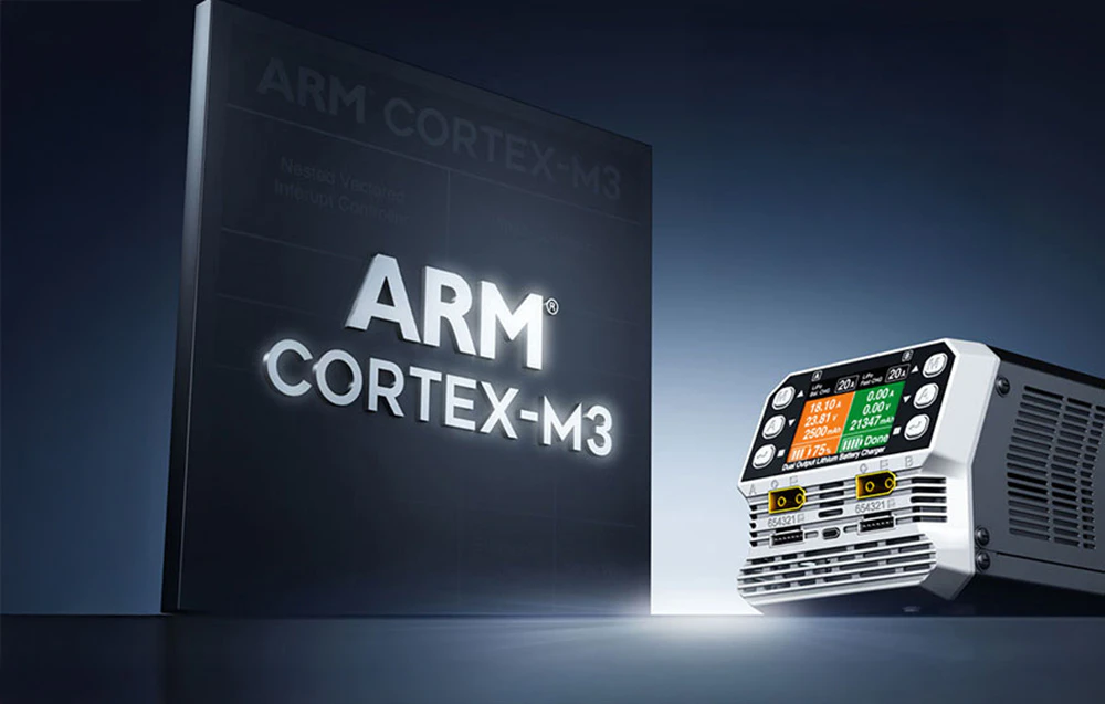 Încărcător de baterii litiu cu două canale, lângă ARM Cortex-M3