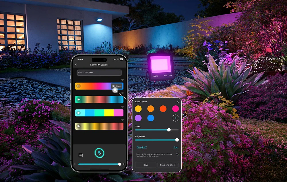 Smartphone cu o aplicație de control al iluminatului, o casă iluminată de lumini colorate în fundal
