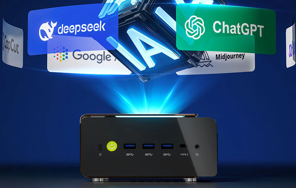 Mini PC pe o masă neagră. În partea de sus, inscripțiile ChatGPT, Google, Midjourney, Deepdesk.