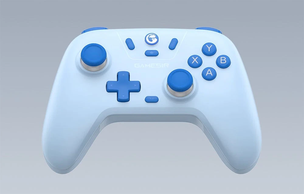 Controler de joc albastru pe un fundal gri deschis