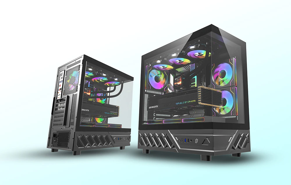 Două carcase negre pentru PC cu ventilatoare RGB de diferite dimensiuni pe un fundal deschis