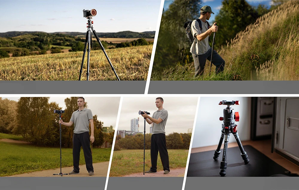 O galerie foto care prezintă trepiedul Freewell în aer liber, utilizat ca monopod, baston pentru selfie și trepied de masă