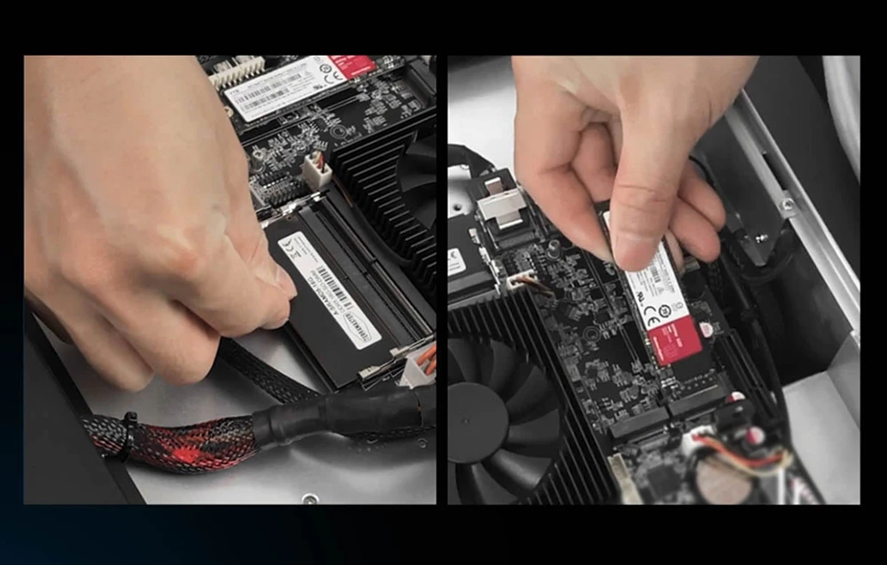 Două fotografii care ilustrează instalarea memoriei RAM și a unui SSD M.2 în interiorul dispozitivului