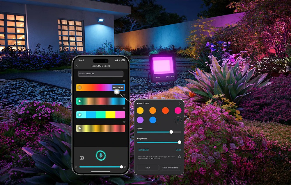 Un smartphone cu o aplicație de control al iluminatului, cu o casă albă iluminată de spoturi în fundal