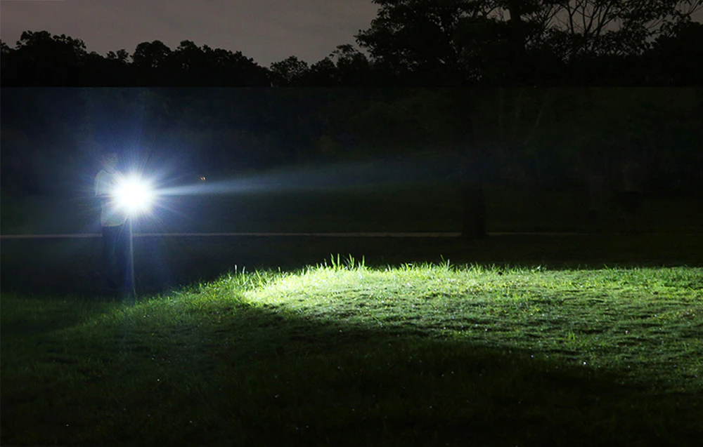 O persoană care iluminează o peluză cu lumina puternică a unei lanterne într-un parc întunecat