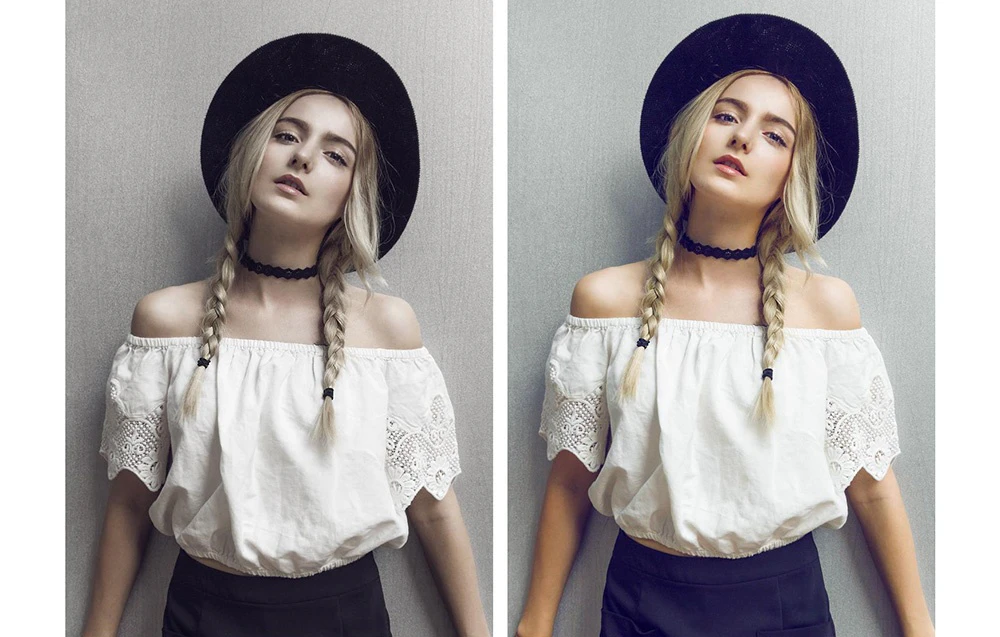 Două portrete ale unei femei blonde purtând o pălărie neagră și o bluză albă cu mâneci din dantelă