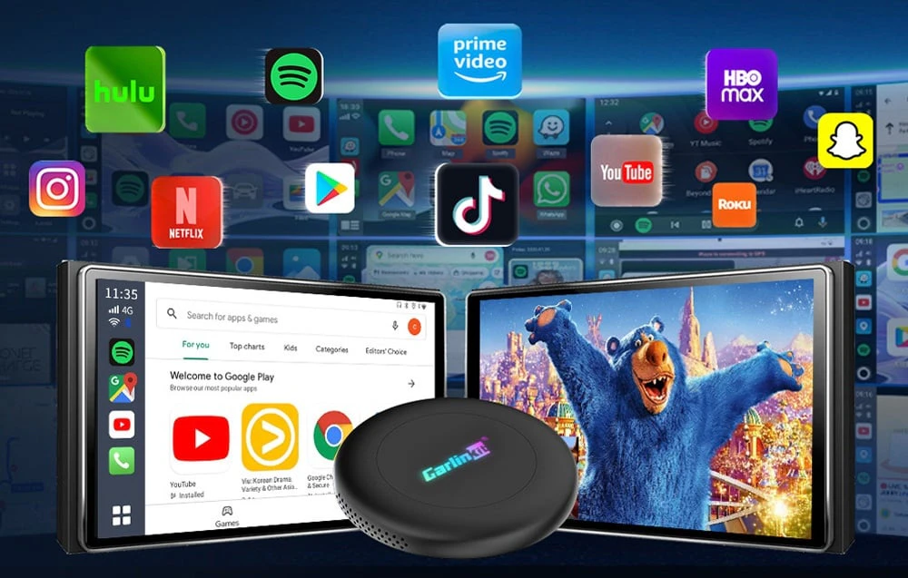 Adaptor Carlinkit prezentat lângă ecranele mașinii cu aplicații de streaming și divertisment