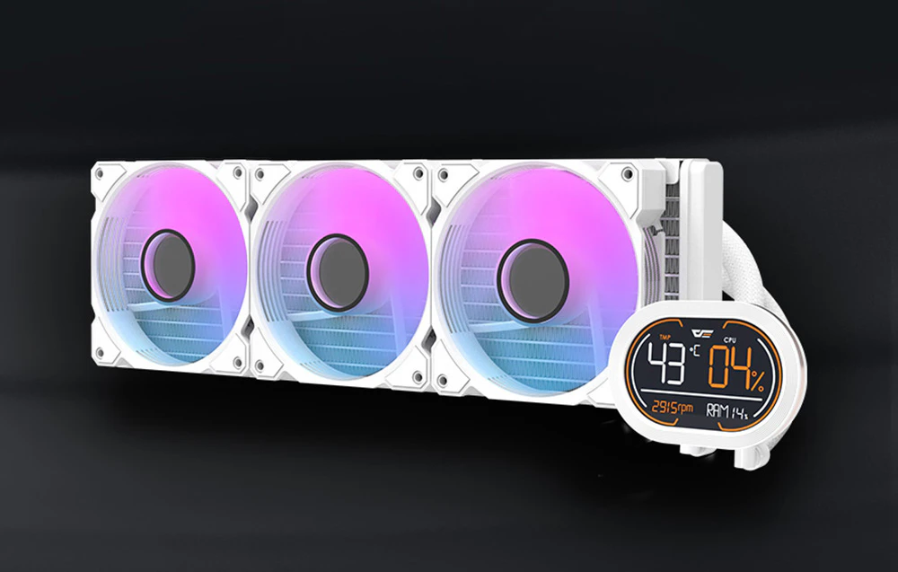 Răcire cu apă AIO albă cu trei ventilatoare RGB și un afișaj LCD care arată temperatura, utilizarea CPU și RAM