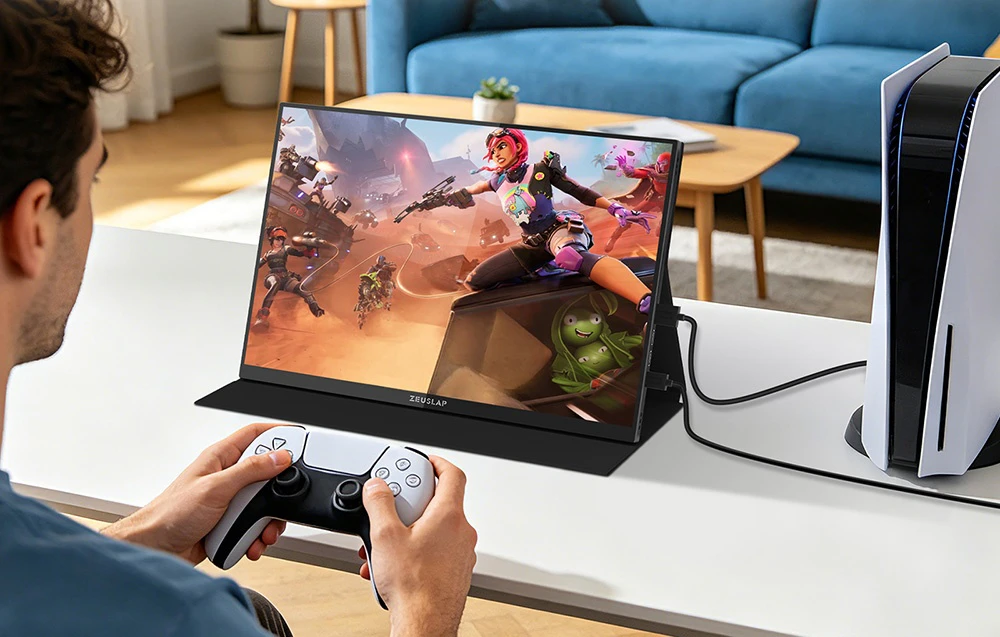 Un bărbat joacă un joc video folosind un monitor portabil ZEUSLAP conectat la o consolă PlayStation 5