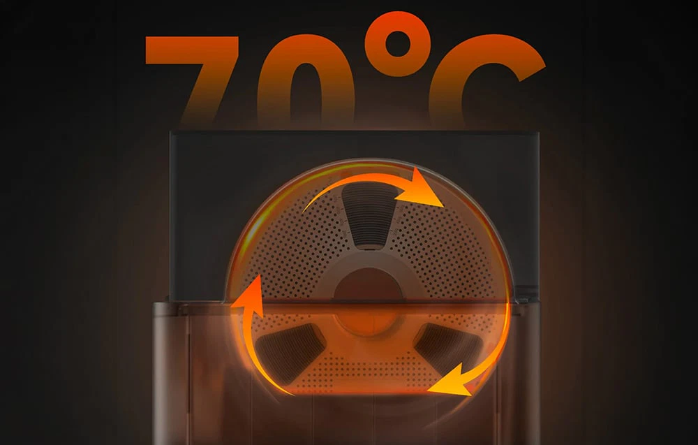 Prim-plan al sistemului de încălzire a filamentelor cu o temperatură de 70 °C