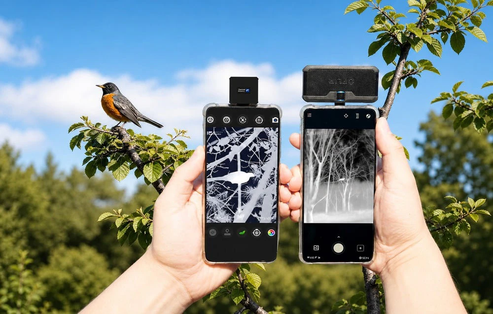 Două smartphone-uri afișând o imagine termică a unei păsări așezate pe o ramură. În stânga se vede o pasăre vie.