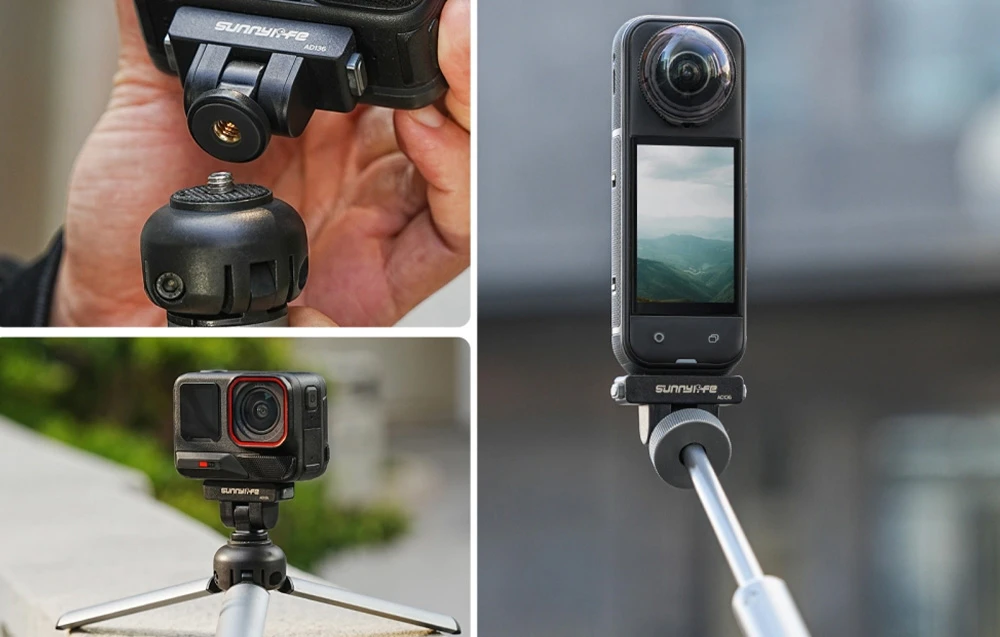 Un colaj din trei fotografii care arată suportul cu eliberare rapidă atașat la trepied, camera pe trepied și camera de 360 de grade pe bastonul de selfie.